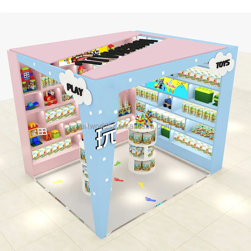 مركز تسوق لعبة أطفال تصميم كشك للأطفال مكعبات بناء خزانة متجر لعبة قطيفة عرض عداد ألعاب أطفال للبيع بالتجزئة تصميم كشك