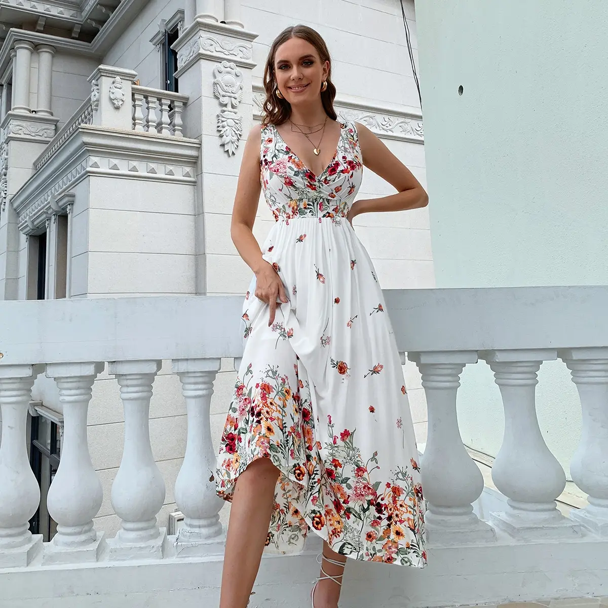 Vestido de verano de estilo bohemio con cuello redondo, estampado Floral, para pícnic Safari, playa, 2022