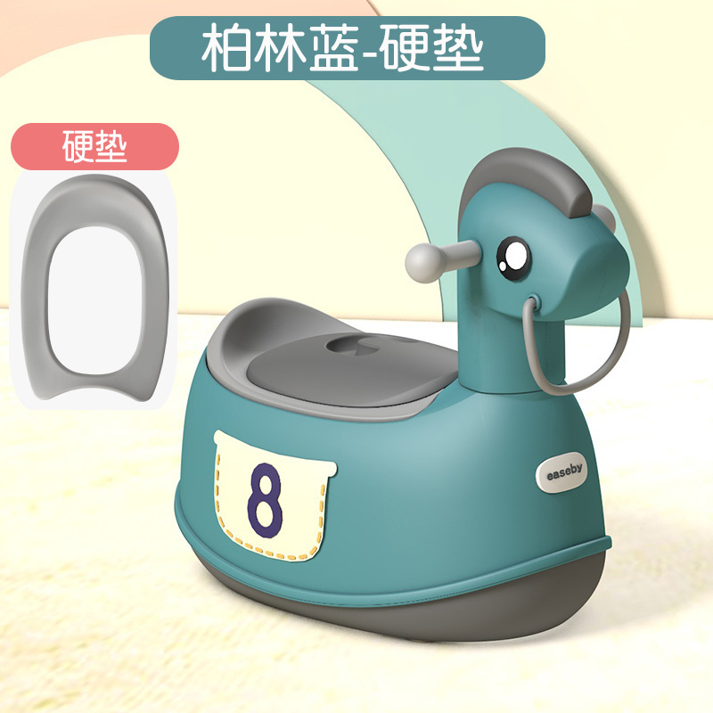 Blue PU rocking horse with wheels, no music.