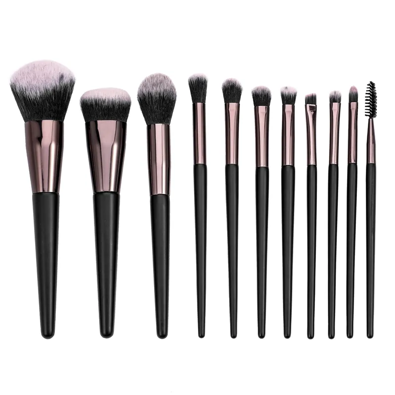 Set kuas rias kustom pegangan hitam kit kuas kosmetik rias wajah Label pribadi Eyeshadow alis 11 buah Set kuas