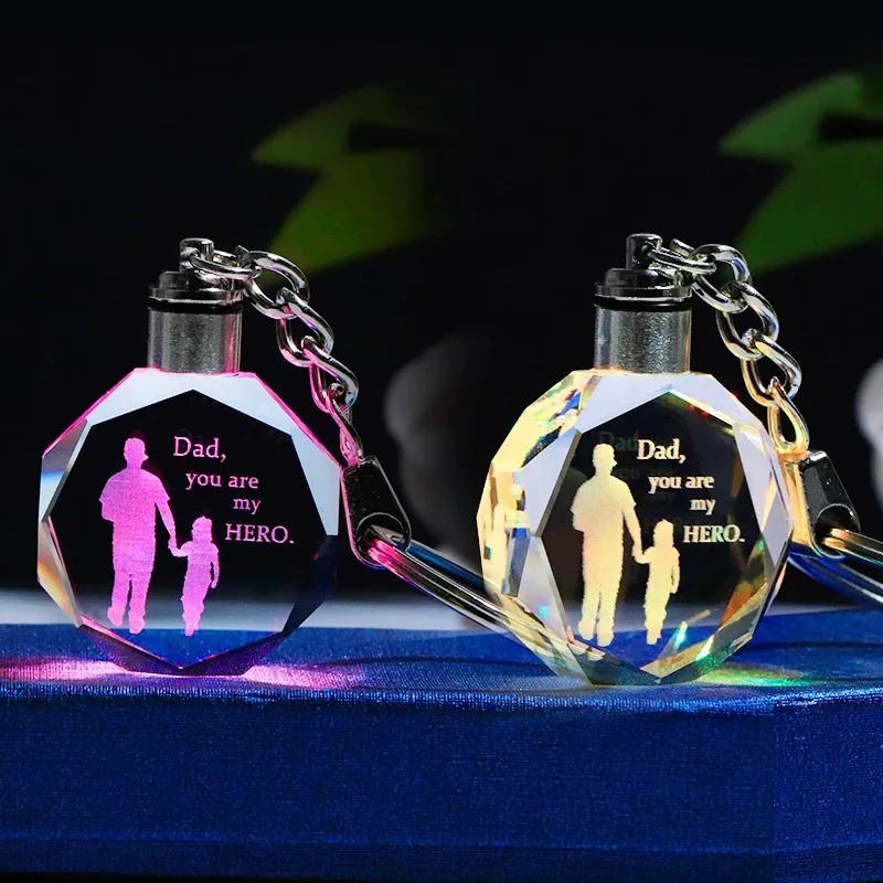 Photo de famille Souvenir cadeaux verre porte-clés voiture Logo porte-clés Laser gravure lumière LED porte-clés créatif cristal porte-clés