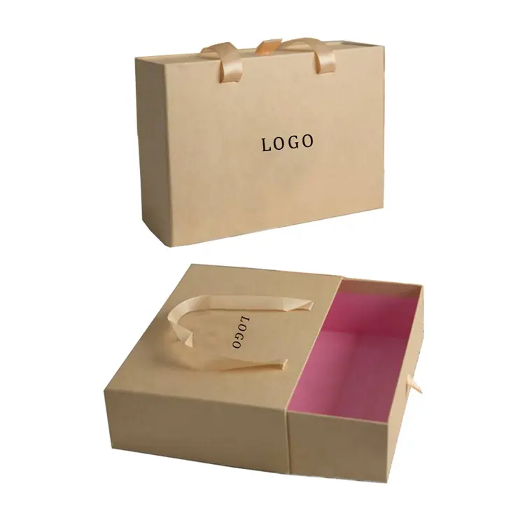 Embalaje de productos de papel Kraft rígido de lujo personalizado, cajón de apertura deslizante, caja de regalo con asa