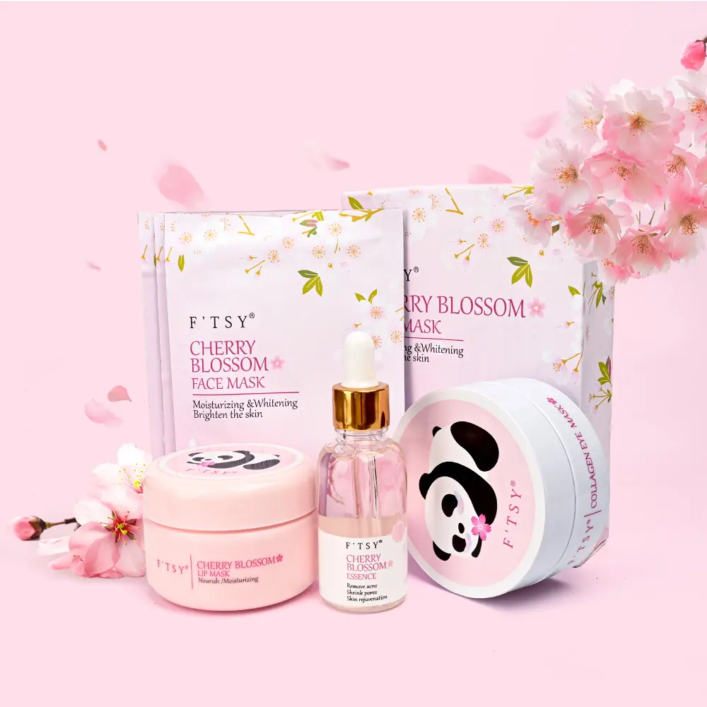Kit de cuidados com a pele facial de marca própria, flor de cerejeira sensível, conjunto de cuidados com a pele Sakura japonesa, clareador e iluminador