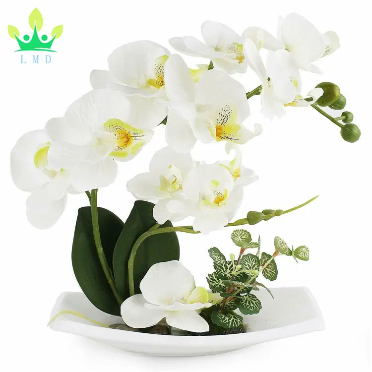 Orquídea artificial flores arranjos com vaso de porcelana, decoração de bonsai (branco)