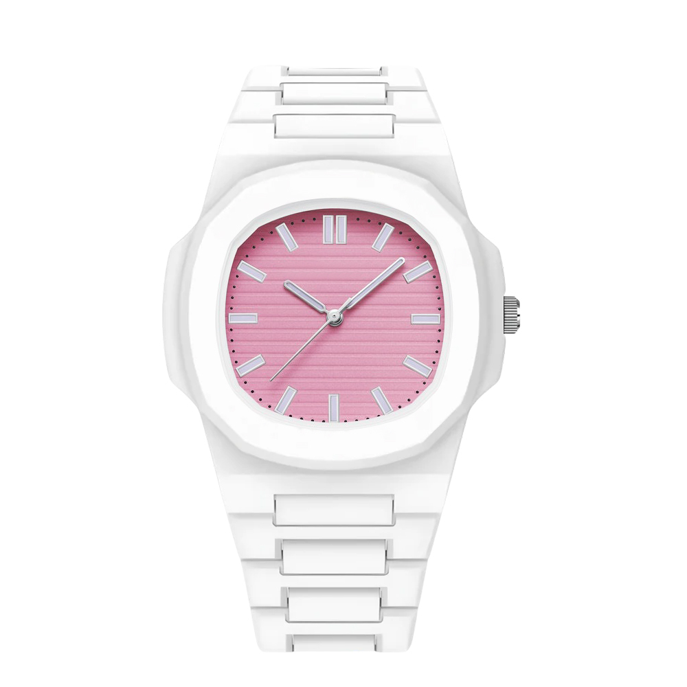 Cinturino bianco, quadrante rosa.