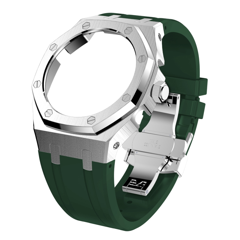 Silver case green strap
