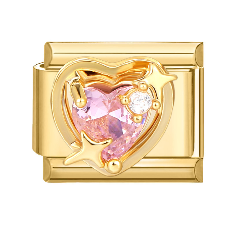 Pink heart-shaped rhinestone on gold