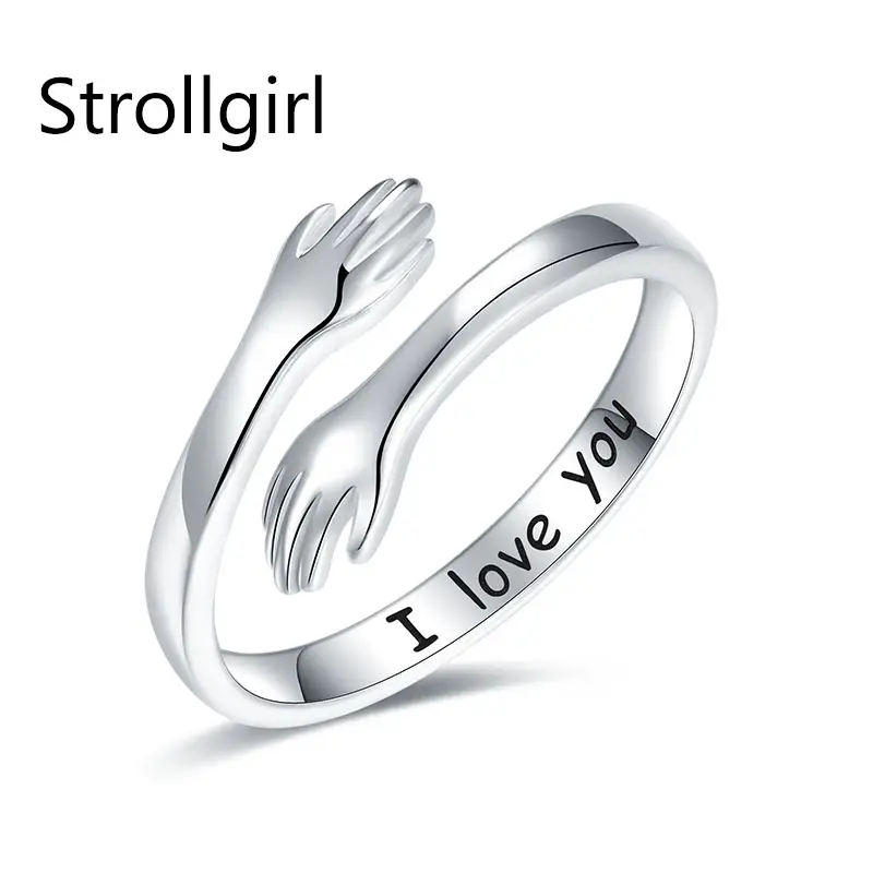 STROLLGIRL Sterling Silber Hand umarmt verstellbaren Ring Liebe Umarmung Ehering Ring für Paare