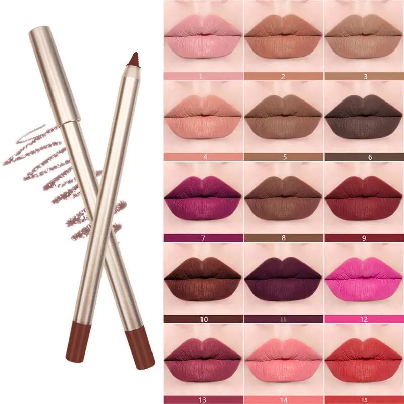 Geen Logo Luxe Gouden Pakket Van Hoge Kwaliteit 15 Kleuren Lip Potlood Puur Donkerbruin Nude Lip Liner Aangepast Private Label