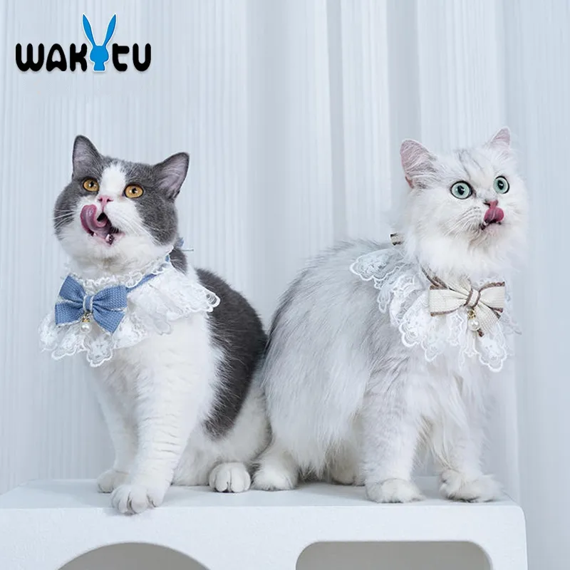 WAKYTU C132W 개 고양이 귀여운 활 고양이 개 칼라 부드러운 조절 스카프 애완 동물 강아지 고양이 고양이 개 레이스 턱받이 스카프