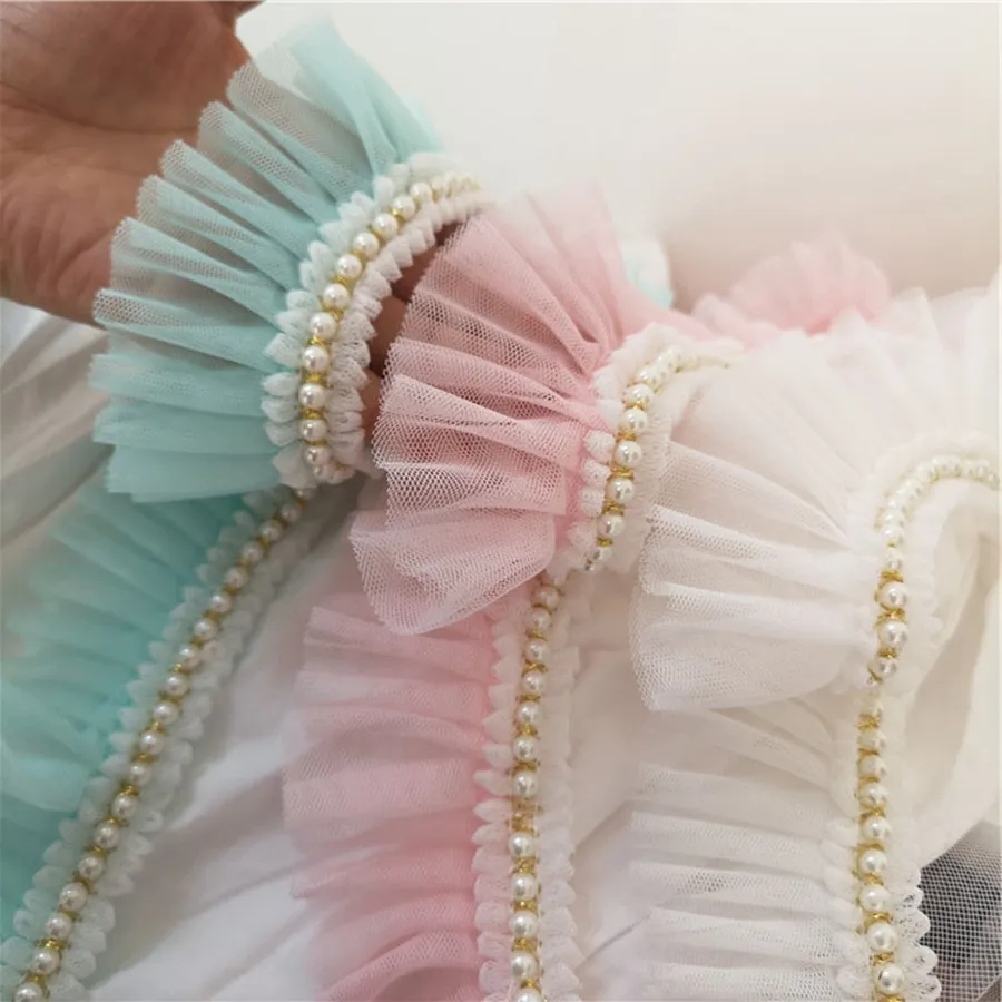 Beaded Ribbon Lace Pleated Ruffled Mesh Belt Braided Chiffon Flower Lace Pearl 3D Floral Trims 5cm