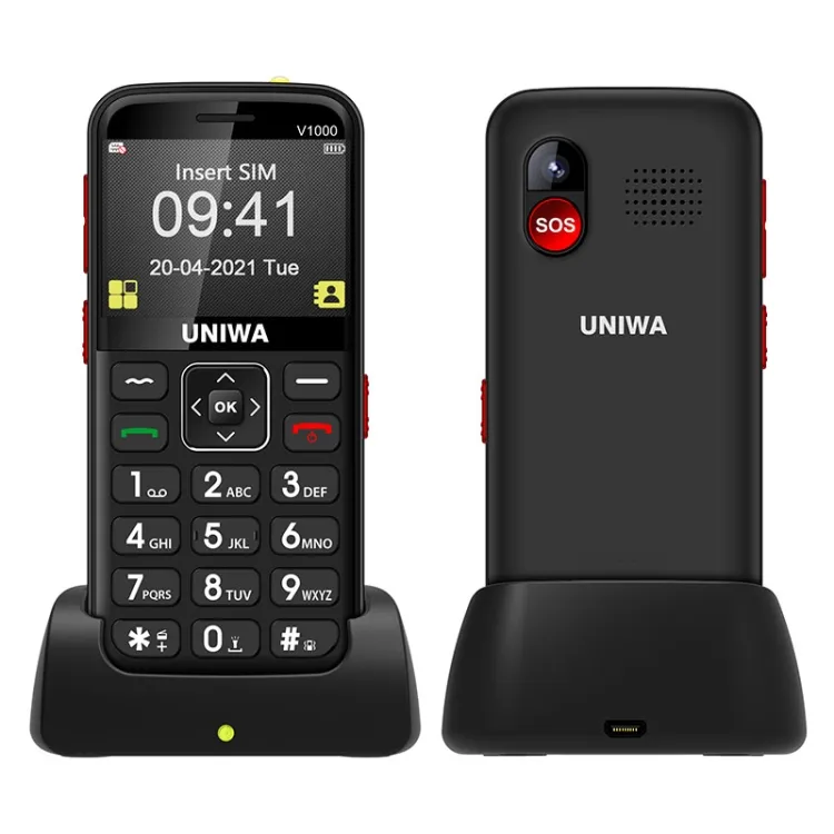 UNIWA V1000มาใหม่ในสต็อกอเมริกา4กรัมปุ่มใหญ่คลาสสิกโทรศัพท์มือถือสำหรับผู้สูงอายุที่มี Sos