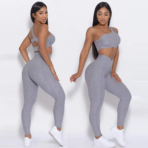 Dikişsiz Yoga seti Gym Fitness seti bir omuz spor sutyeni ezme popo tayt kısa kollu üst kadın egzersiz setleri - Product Image 5