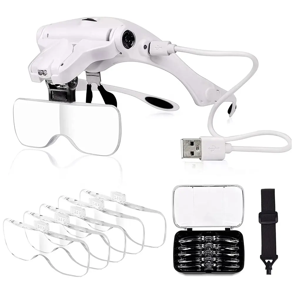 Luz LED recargable por USB, lámpara de reparación montada en la cabeza, lupa, gafas de aumento, herramienta de vidrio óptico, luces de lectura, 2LED