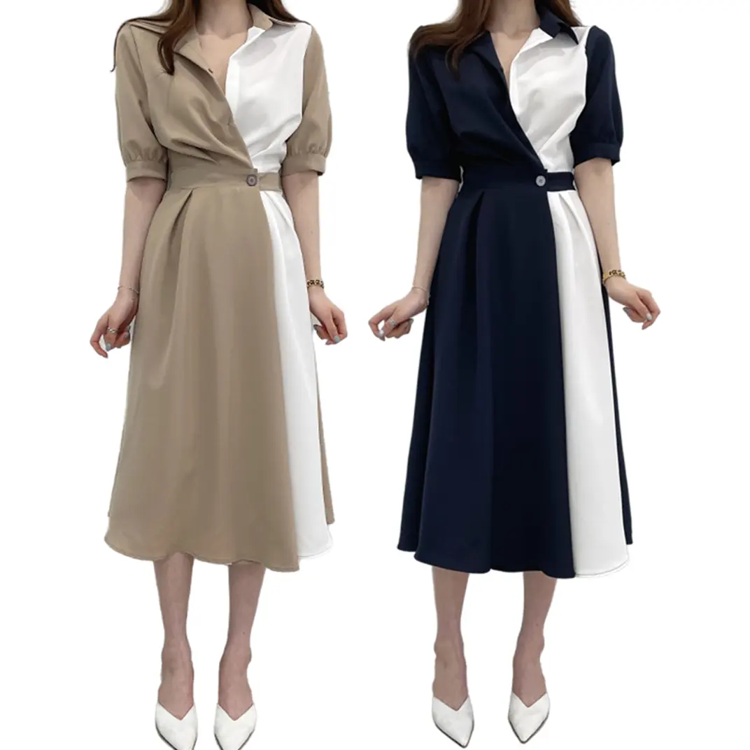 YQY220418 nouveautés femmes élégant décontracté robe coréenne modeste robes d'été 2022 contraste couleur tunique chemise robe
