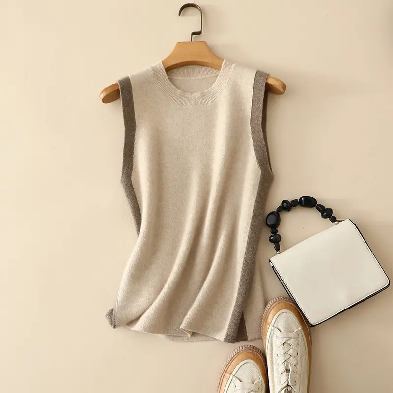 Gongqiao village Women Fashion Plain Knit Soft girocollo Color Contrast Cashmere Vest