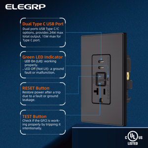 20A 125V GFCI 24W USB C型 + C型充电器插座自检GFCI壁式插座GFCI插座 - Product Image 5