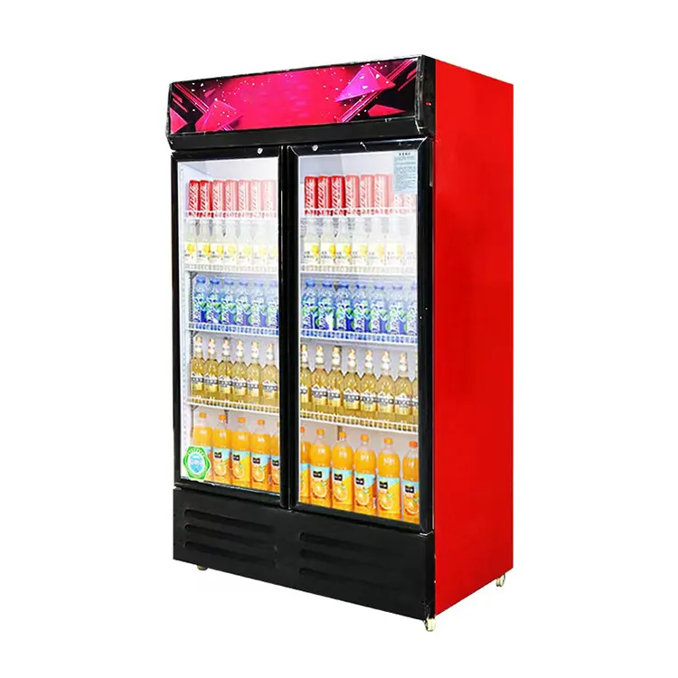 Supermarket quiet upright freezer fridge double door coca display cola refrigerator with glass door
