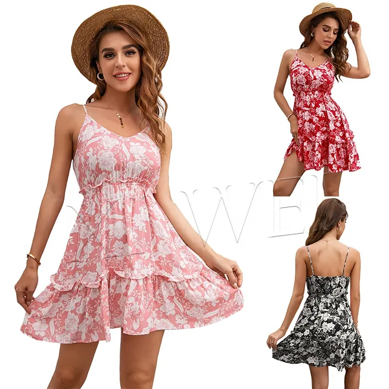Großhandel Damen benutzer definierte Blumen druck sexy V-Ausschnitt Spaghetti träger Mini Boho Kleid Hosenträger Kleid für Damen Sommer