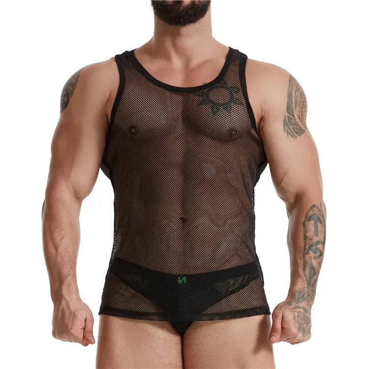 Ropa interior transparente para hombre Gay, trajes de lencería Sexy con Red lateral, cuerpo de malla negra