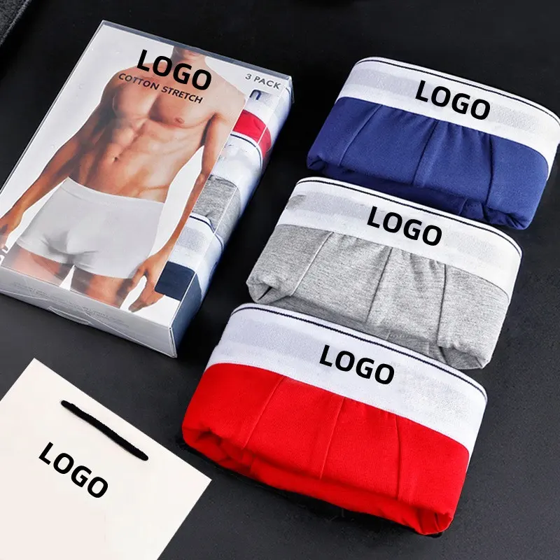 Cuecas boxer masculinas com logotipo personalizado de alta qualidade na cintura, bolsas grandes e material de charme masculino, cuecas boxer masculinas