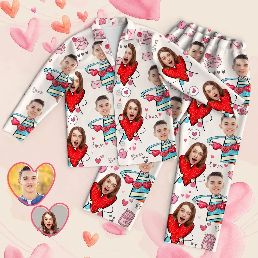 PRINT ON DEMAND poD Ready to ShipIn StockFast DispatchPersonalized Face Long Sleeve Pyjamas Women Custom Photo Valentine's Day Sleepwear Sets Couple Pyjamas