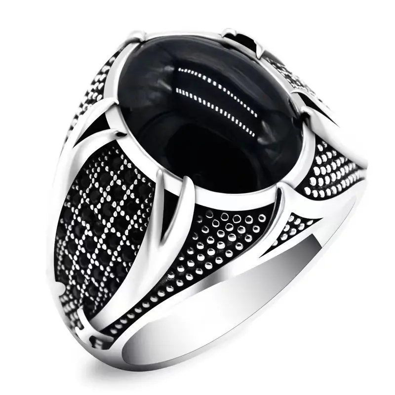 Jewelry Black Ring Men Light-weight Silver Mens Diamond Rings Natural Agate Stone Vintage Cool Fashion