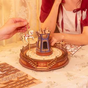 3D木製パズルアッセンブルおもちゃAMT01サンセットカーニーオルゴールDIYミニチュアハウス