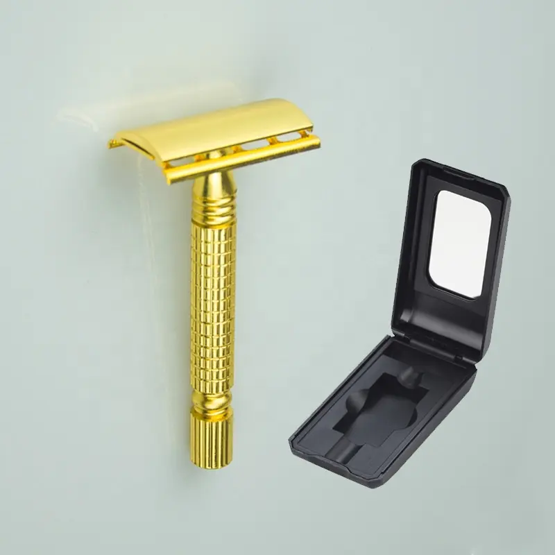 Maquinilla de afeitar y cuchillas rectas de oro para hombre, con caja de espejo, de seguridad