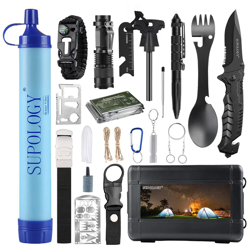 Kits de emergencia Gear 23 en 1, utensilios geniales con filtro de agua para Camping