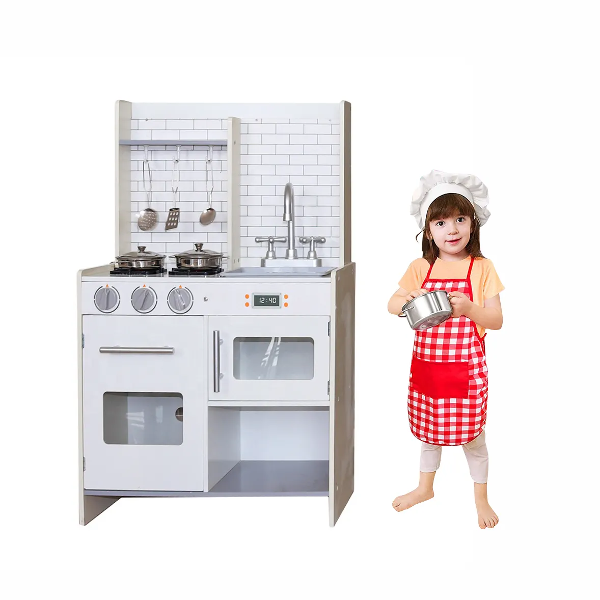 Kids Role Play Pretend Wooden Vintage Play Kitchen with Burners Faucet Microwave Cooking 5pcs metal accessories