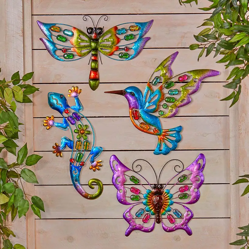 Ensembles de décoration murale en métal, motif Animal, papillon, libellule, oiseau, lézard, ornements suspendus en métal, Art mural de jardin, nouvel arrivage