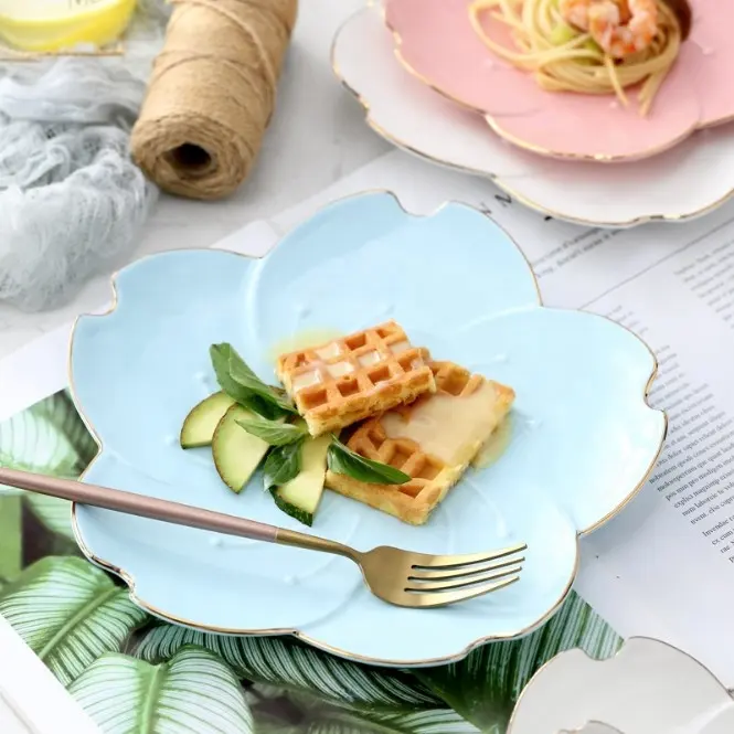 Keramische Roze Blauw Wit Fruitschaal Salade Dessert Bloem Taart Plaat Luxe Lade