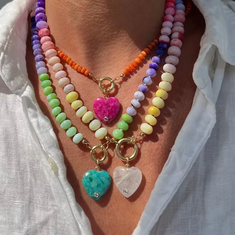 Cuentas de piedra de colores naturales, colgante de corazón de melocotón turquesa, collar de moda para mujeres y niñas, fiesta, boda, joyería diaria hecha a mano