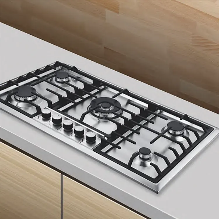 घर रसोई उच्च गुणवत्ता खाना पकाने के उपकरण स्टेनलेस स्टील में बनाया-5 बर्नर गैस कुकर स्टोव