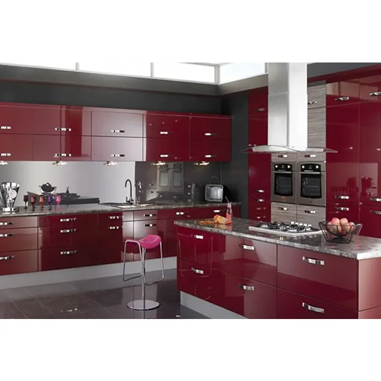 Новейшие современные полностью импортированные из Китая модульные алюминиевые кухонные шкафы из нержавеющей стали красного и розового цвета