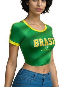 Yeni varış kadın brezilya mektup baskı grafik Tees yaz kısa kollu <span class=keywords><strong>V</strong></span> boyun mahsul t-shirt Tops