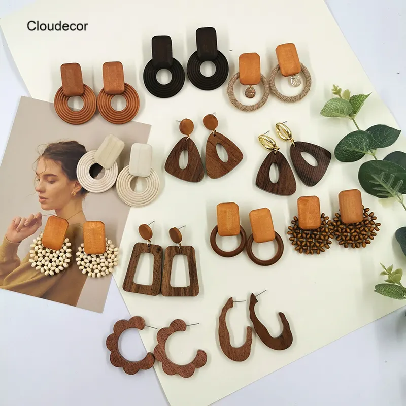 Boho Ohrringe Holz Einfache geometrische Holz perlen Creolen für Frauen Vintage Spleißen Großhandel Blank Holz Ohrringe Schmuck