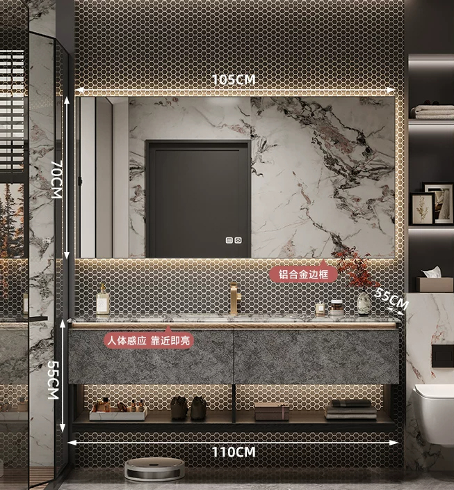 110cm Marble Countertop& Ceramic Sink+smart mirror