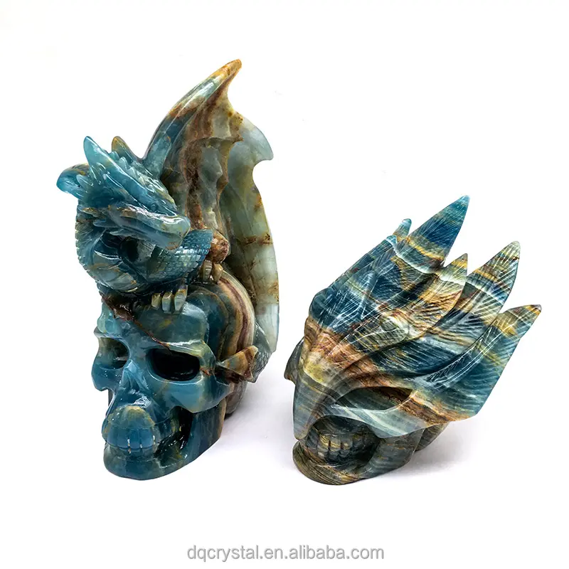 Wholesale Natural Blue Onyx Skull Hand Made Blue Crystal Skull Heading Onyx Carving for decoration and sale