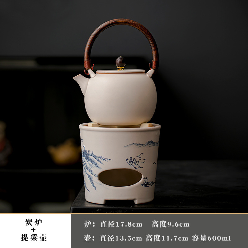 กาน้ำชาทรงกลมสไตล์เรโทรสีขาวลายทิวทัศน์พร้อมเตาถ่าน