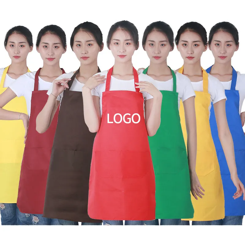 Tablier publicitaire en polyester à 2 poches pour femmes Style coréen Tablier de cuisine rose lavable avec logo personnalisé
