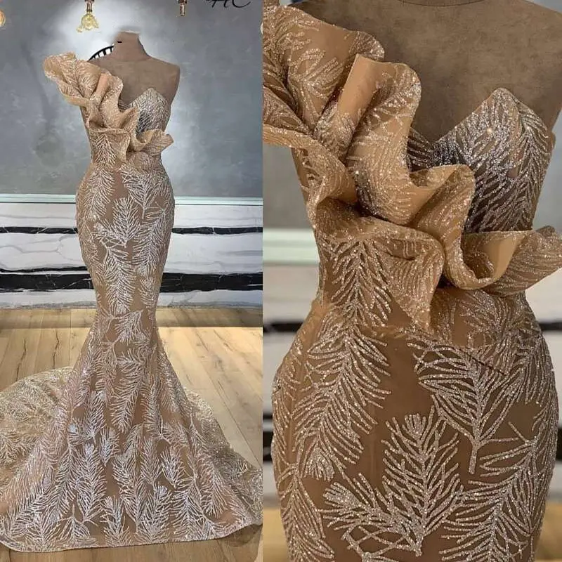 EV107-Vestidos de Noche de lentejuelas brillantes para mujer, Vestido largo de lujo de sirena con volantes de un hombro, estilo Dubai árabe, Formal, para baile de graduación, 2022