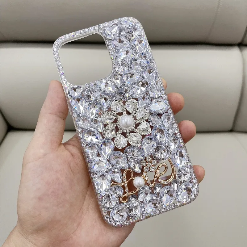 Long Lanh Ngọc Trai Kim Cương Rhinestone Ưa Thích Cho Cô Gái 3D TPU Hoa Kawaii Độc Đáo Trung Quốc Cao Cấp Điện Thoại Di Động Trường Hợp