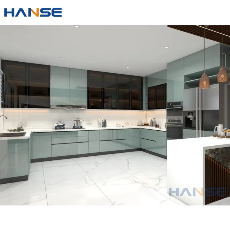Prezzo basso fatto in cina di alta lucido acrilico armadio da cucina in legno set di design moderno blu acrilico mobili da cucina