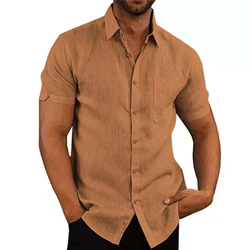 Camisa masculina de lapela, cor sólida, manga curta e botão, camisa de linho para homens, verão, 2023