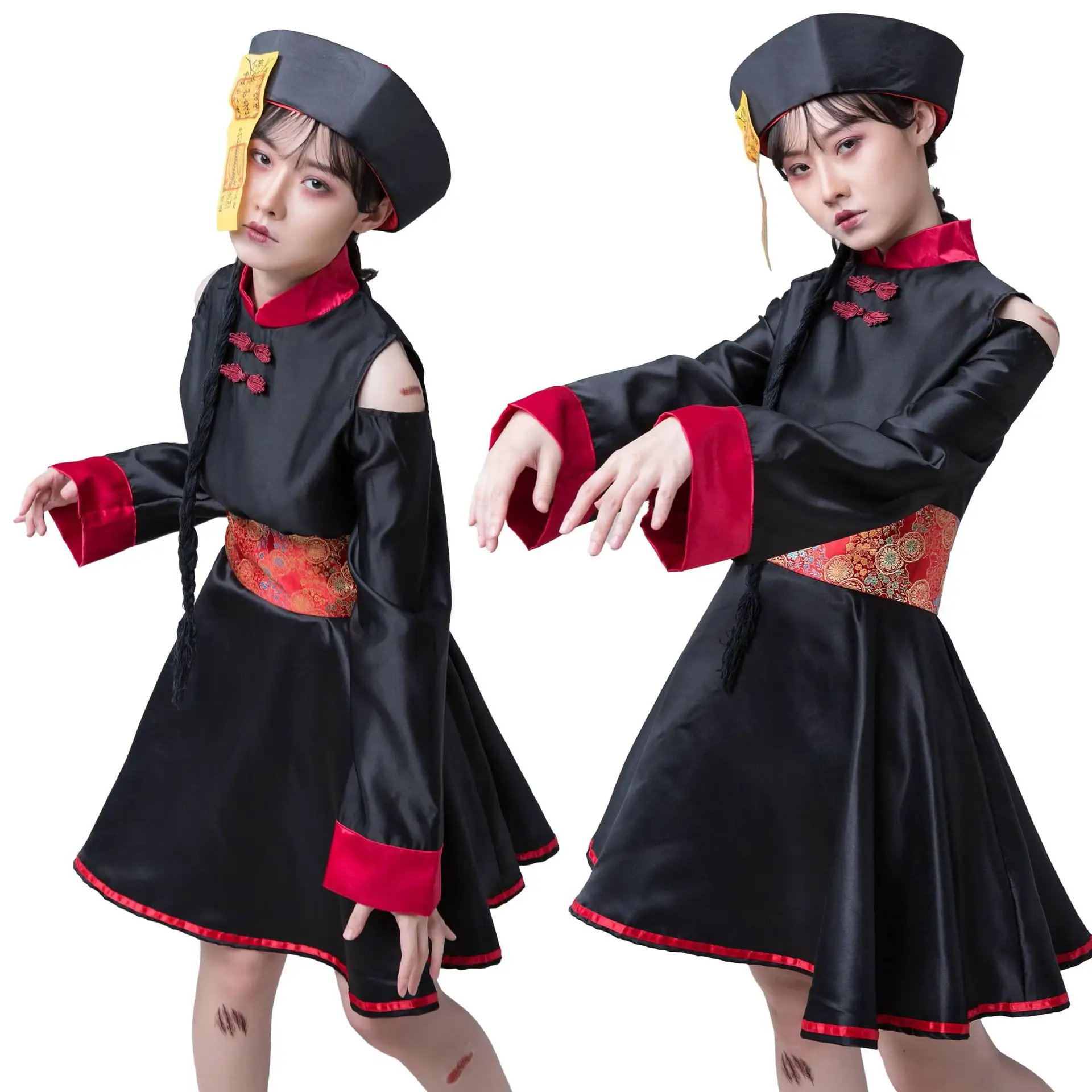 Trajes retrô de vampiro zumbi, vestido estampado bordado japonês, roupas cosplay de Halloween com adesivos grátis, para mulheres, poliéster