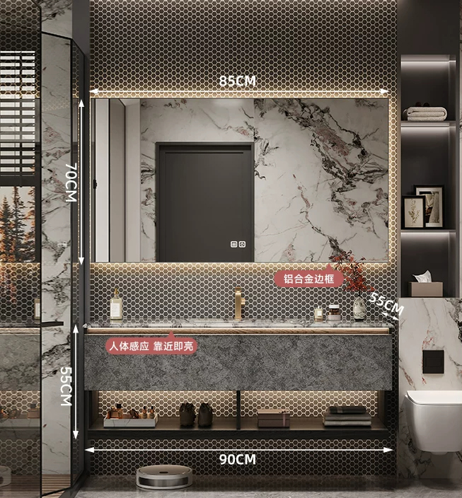 90cm Marble Countertop& Ceramic Sink+smart mirror