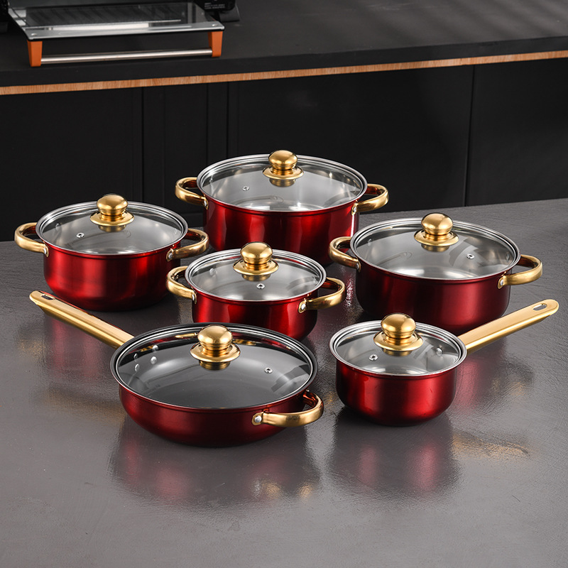 Rojo 12 piezas - Cazo para leche de 16 cm - Sartén para sopa de 18/20/22/24 cm - Sartén de 24 cm