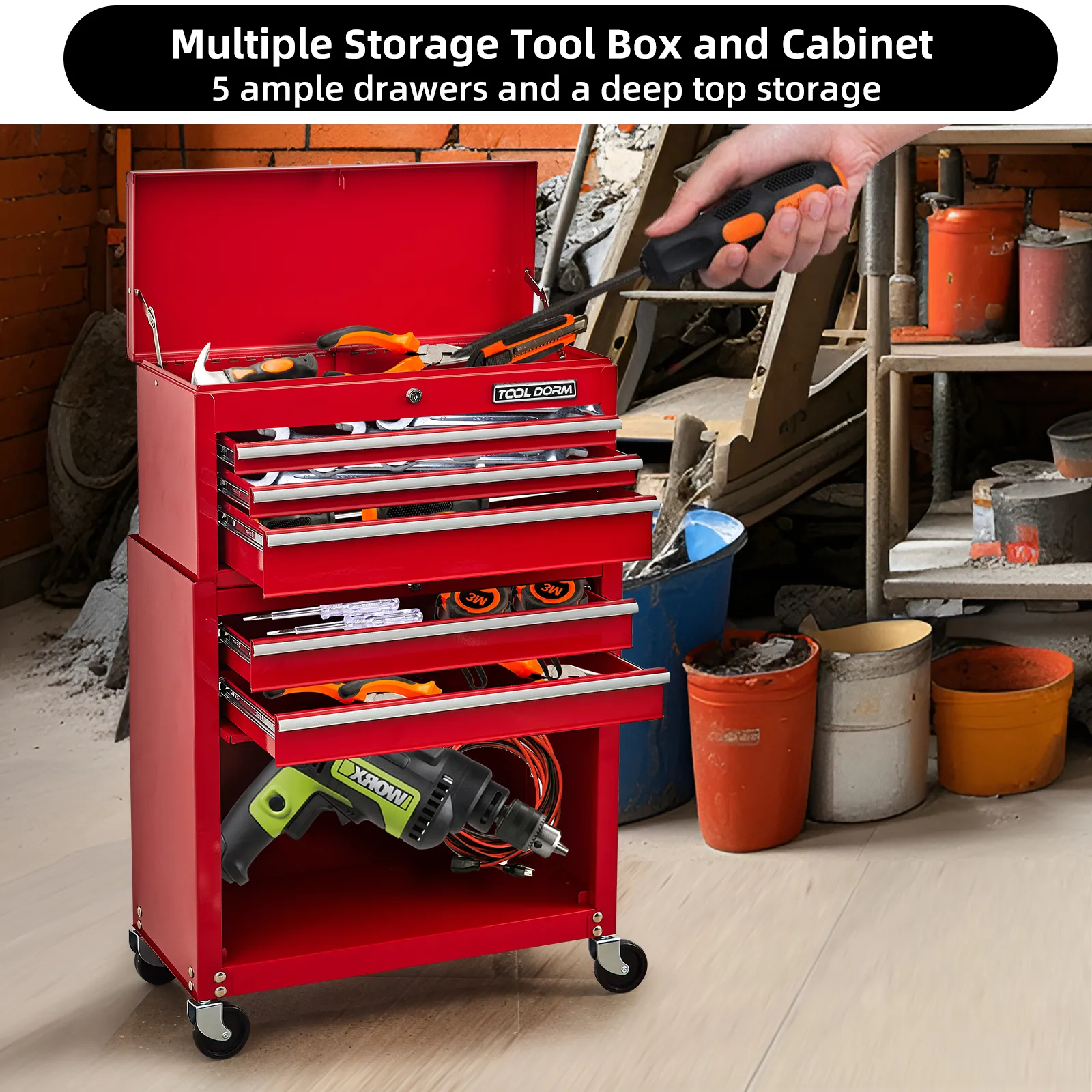Armário de ferramentas móvel para oficina, caixa de ferramentas resistente e carrinho de ferramentas, organizador de garagem com 5 gavetas